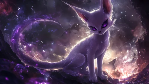Bioluminescent white astral cat with glowing violet eyes