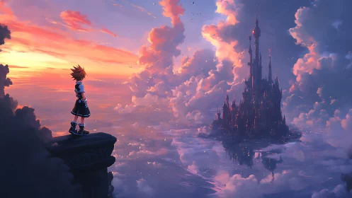 Solitary figure viewing distant castle in glowing sky.