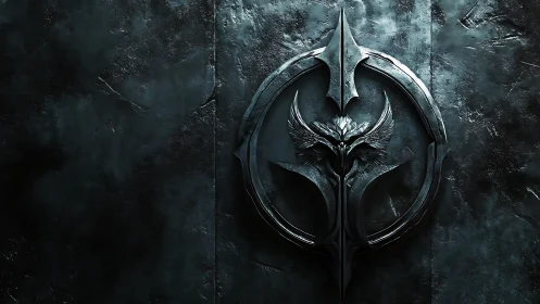 Dark metallic sigil emblem on textured industrial wall surface.