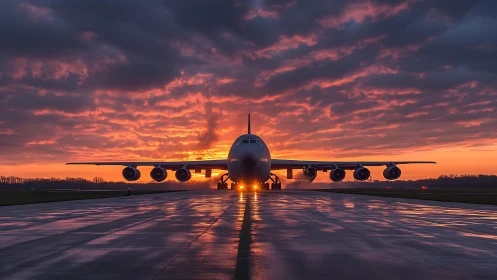 Cargo jet readies for dawn departure under vivid sunrise sky