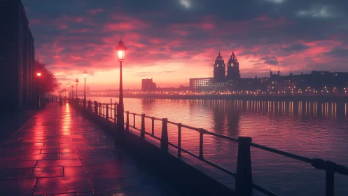 Soft lamplight welcomes a quiet city riverside at sunset