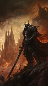 Dark warlord in molten citadel with towering greatsword.