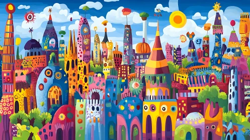 Vibrant fantastical cityscape pulses with towering colorful forms