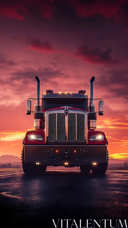 Red long haul semi truck stands against vivid sunset sky