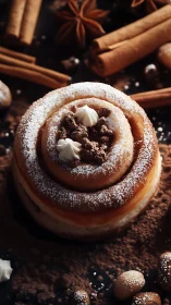 Chocolate spiral pastry with cocoa powder and cream topping.