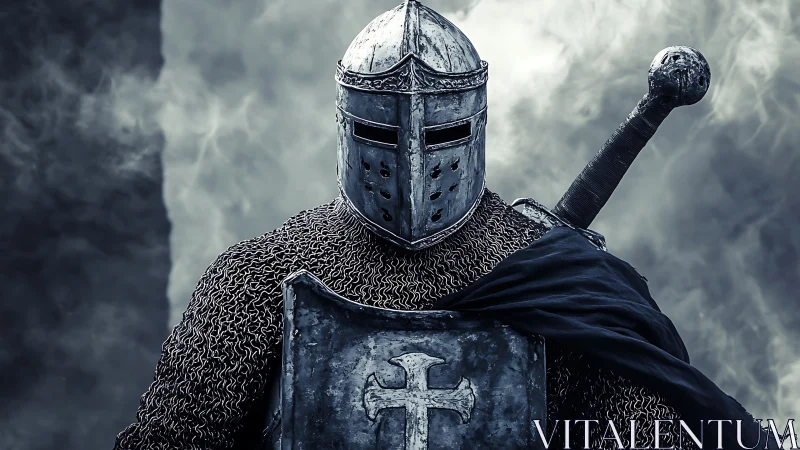 Ironclad crusader stands in stormlit haze of battle.