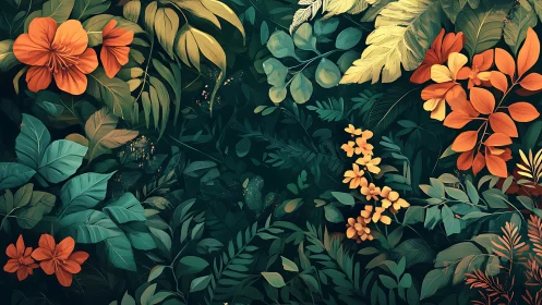 Lush tropical foliage with vivid orange blossoms at dusk.