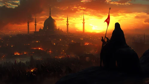 Rider observes burning domed city under dense sunset sky