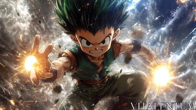 Fiery young hero charging through clouds of crackling light.