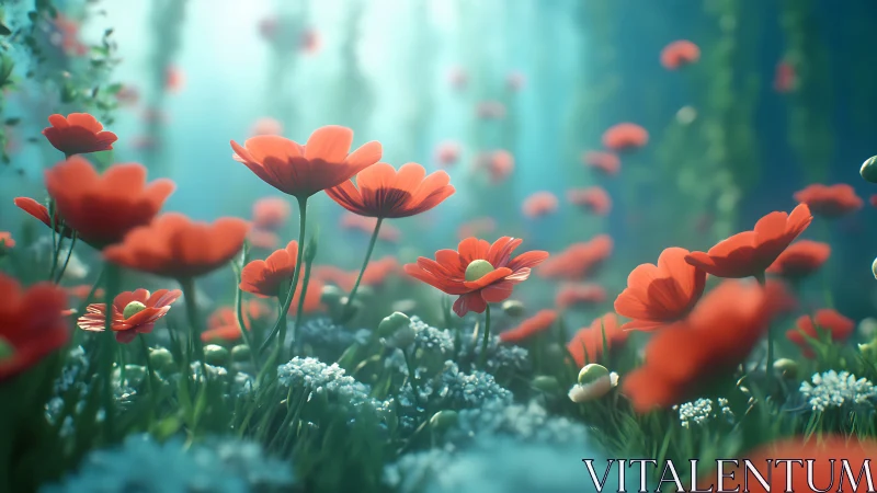 Red Gerberas Dancing Through Luminous Garden Mist.