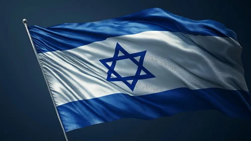 Israeli national flag on pole against dark sky background.