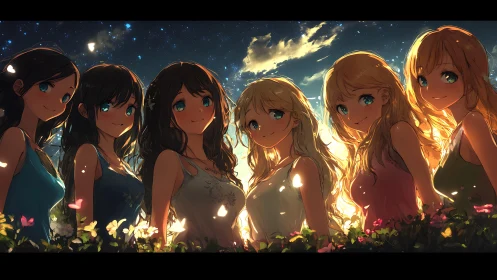 Anime sunset portrait of six girls with luminous rim light.