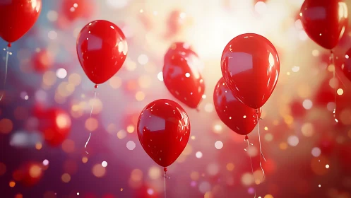 Red balloons suspended in space with bokeh background and subtle lighting effects