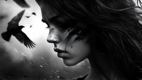 Brooding girl in monochrome with ravens in stormy flight.