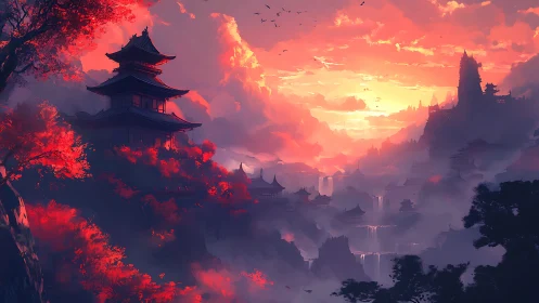 Sunset temples glow above misty waterfalls in crimson hills