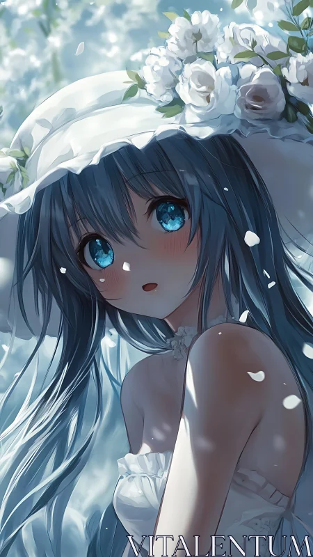 Blue eyed girl in white sun hat with floral crown outdoors