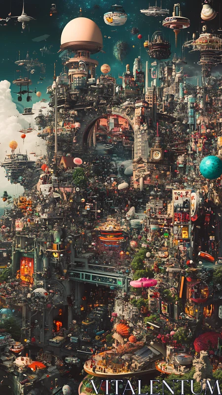 Dense futuristic vertical cityscape with flying vehicles.