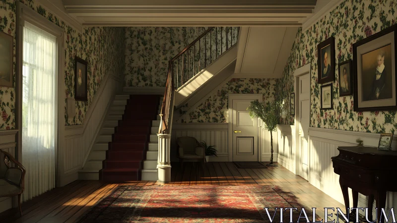 Sunlit floral hallway cradles a quiet, memory-rich staircase.
