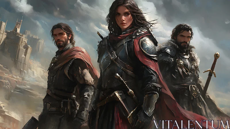 Armored fantasy heroes stand before storm-worn fortress lands