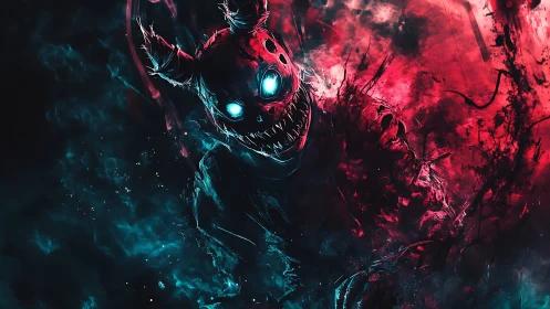 Bioluminescent demon wraith in cyan red volumetric nebula