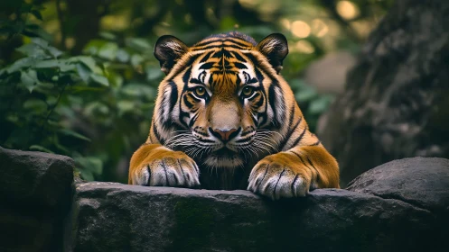Tiger resting on rock ledge in dense forest environment.