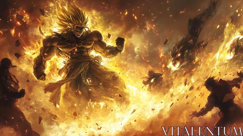 Volcanic energy warrior in incandescent impact detonation field.