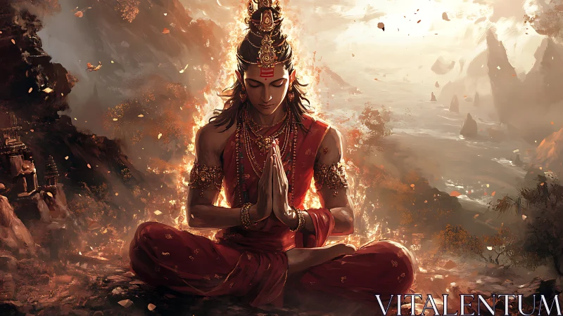 Serene divine yogi rests in fiery mountain sunrise calm
