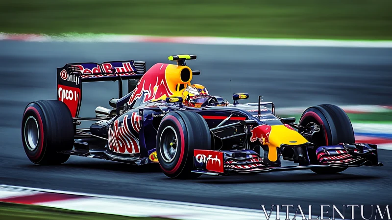 Red Bull Formula One car accelerates on racing circuit