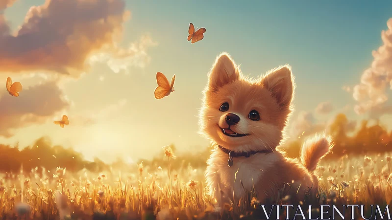 Digital painting of puppy and butterflies in golden meadow light.