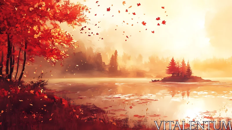 Autumn lake landscape with red trees and floating leaves.