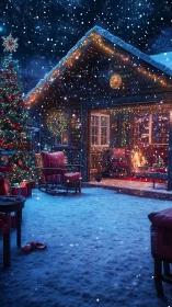 Cozy holiday cabin glows warmly amid gentle falling snow.
