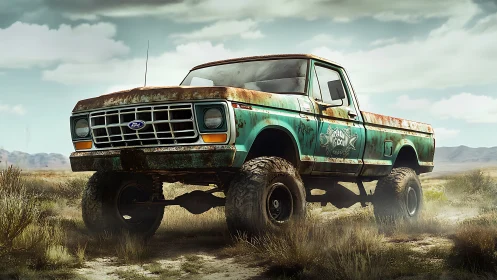 Rusty lifted pickup truck stands in dry open desert field