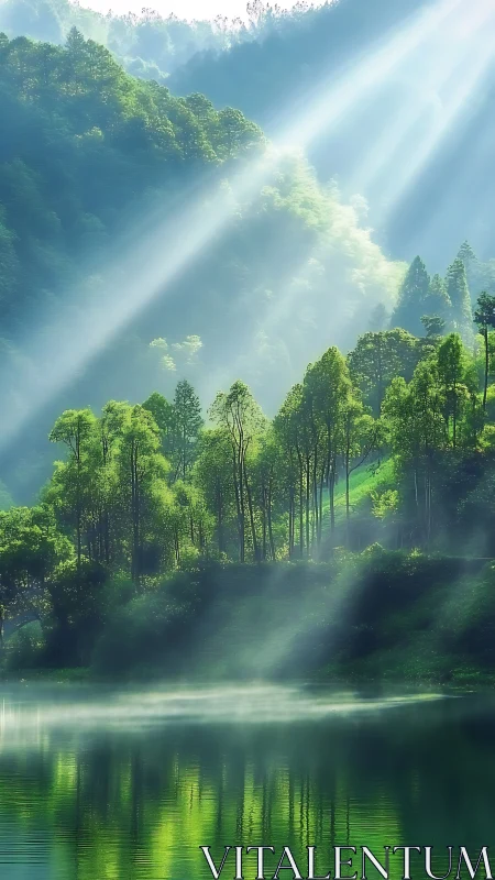 Morning sunlight pours over quiet forest hills and lake