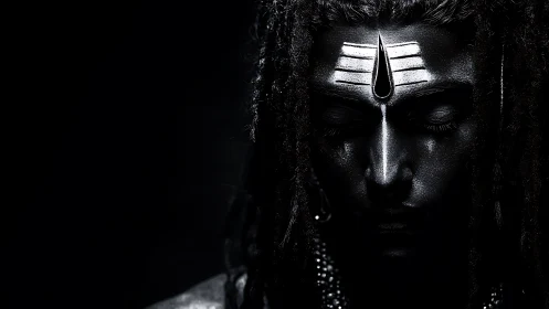 Photorealistic low-key portrait with sacred forehead markings.