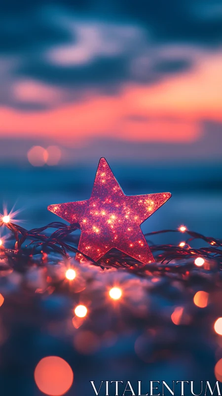 Glittering pink star glows warmly against dreamy twilight sky