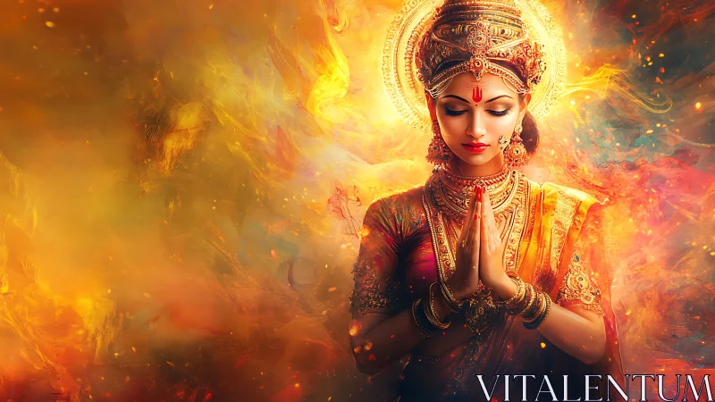 Digital depiction of ornate goddess figure amid warm light.