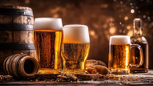 Craft beer glasses with foam amid rustic wooden barrels.