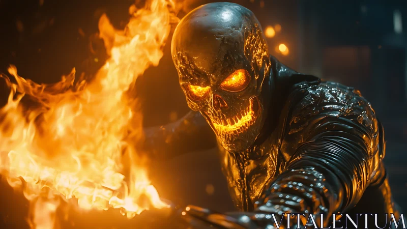 Flaming skull rider rendered with high-detail emissive lighting and glow