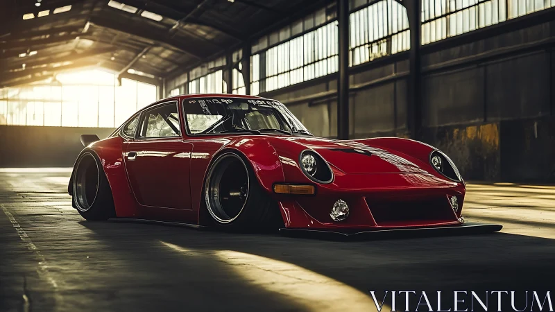 Widebody red track-focused sports coupe in sunlit warehouse