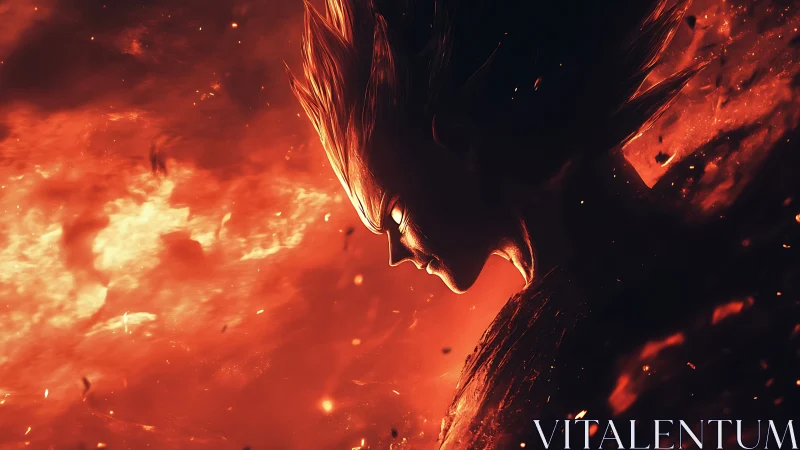 Digital painting profile of fiery anime warrior silhouette.