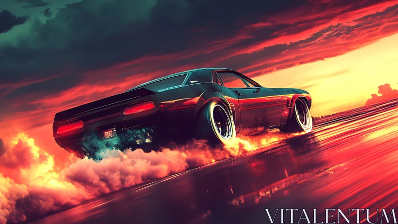 Muscle car powers through neon sunset clouds in motion.