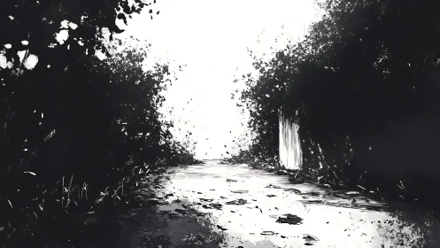 Ink-washed woodland path with high-contrast negative space composition.