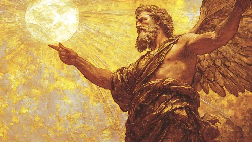 Winged celestial figure commands radiant golden sun.