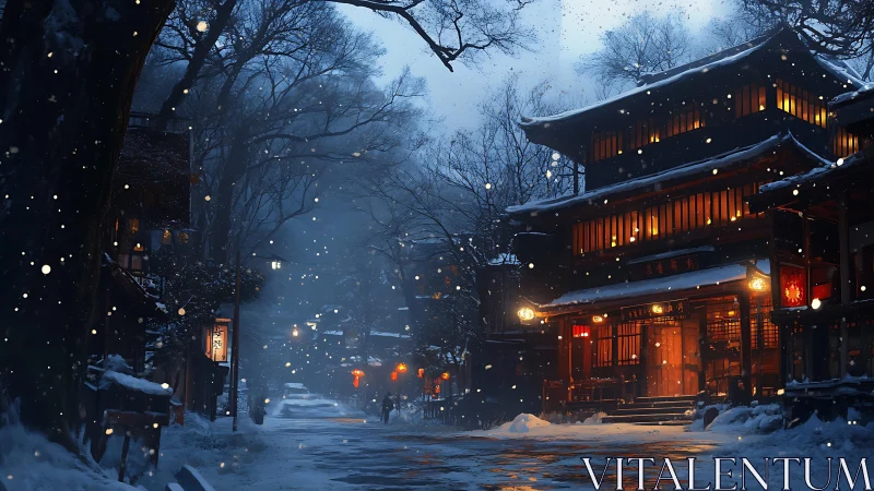 Snow covered traditional street with illuminated wooden inn.