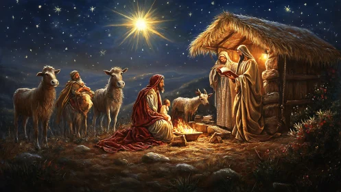 Illuminated nativity tableau under radiant astral convergence.