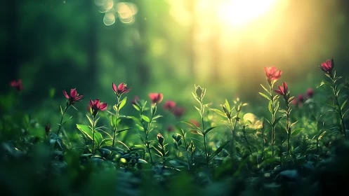 Red flowers bloom in soft-focus garden with natural sunlight