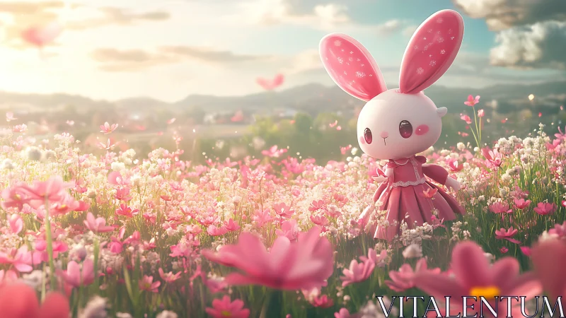 Pink bunny character stands in bright flower field at sunset.