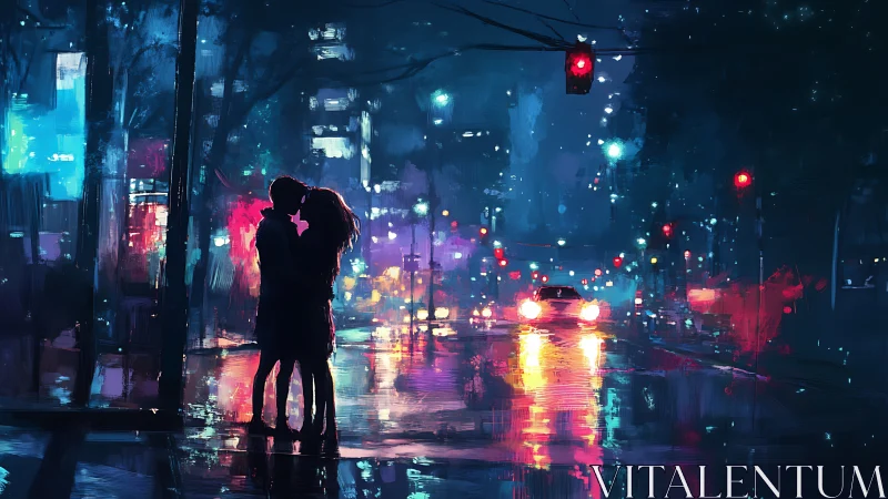 Couple kissing under neon city lights at night