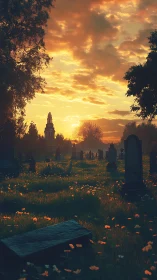 Gentle sunset glow over a quiet, flower-lit graveyard.
