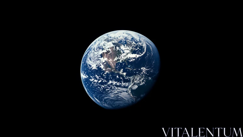 Satellite view of Earth showing continents and clouds in space.